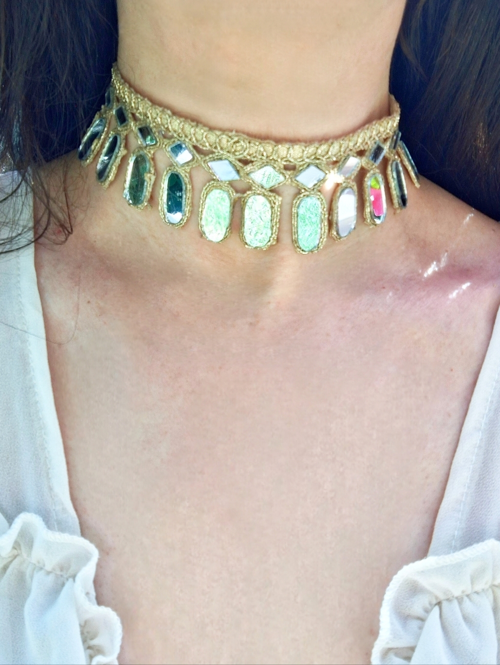 Handmade Boho Mirror Fringe Choker Necklace Festival Party Wedding Statement